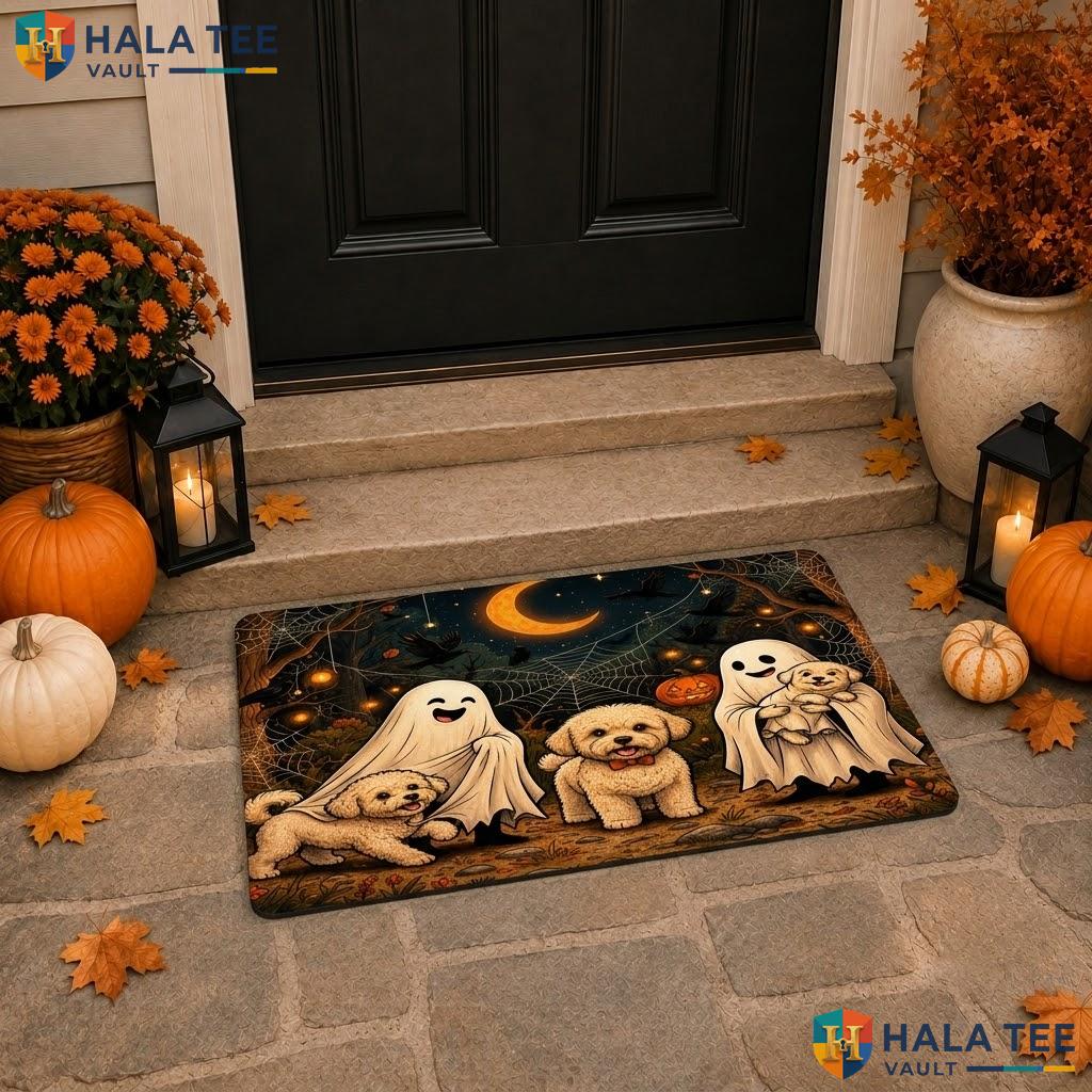 Bichon Frise Dog Halloween Doormat Holiday Ghosts Spooky Entry Front Rug
