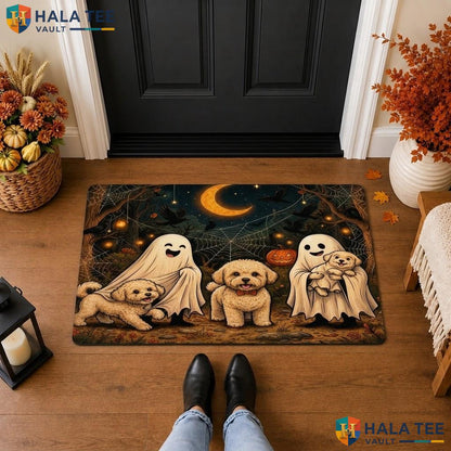 Bichon Frise Dog Halloween Front door mat Holiday Ghosts Spooky Entry Front Rug