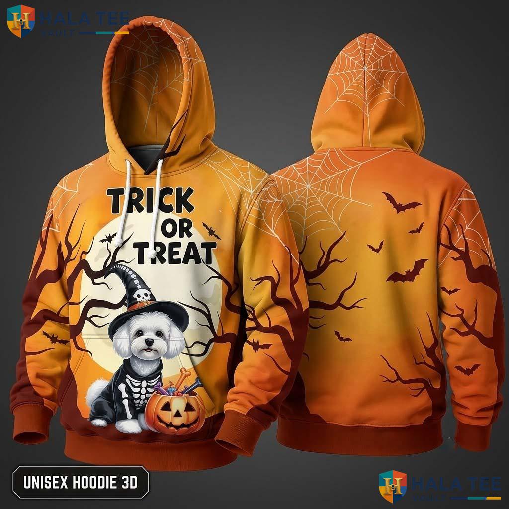 Bichon Frise Trick Or Treat 3D Hoodie Cute Pumpkin Bat Halloween Top