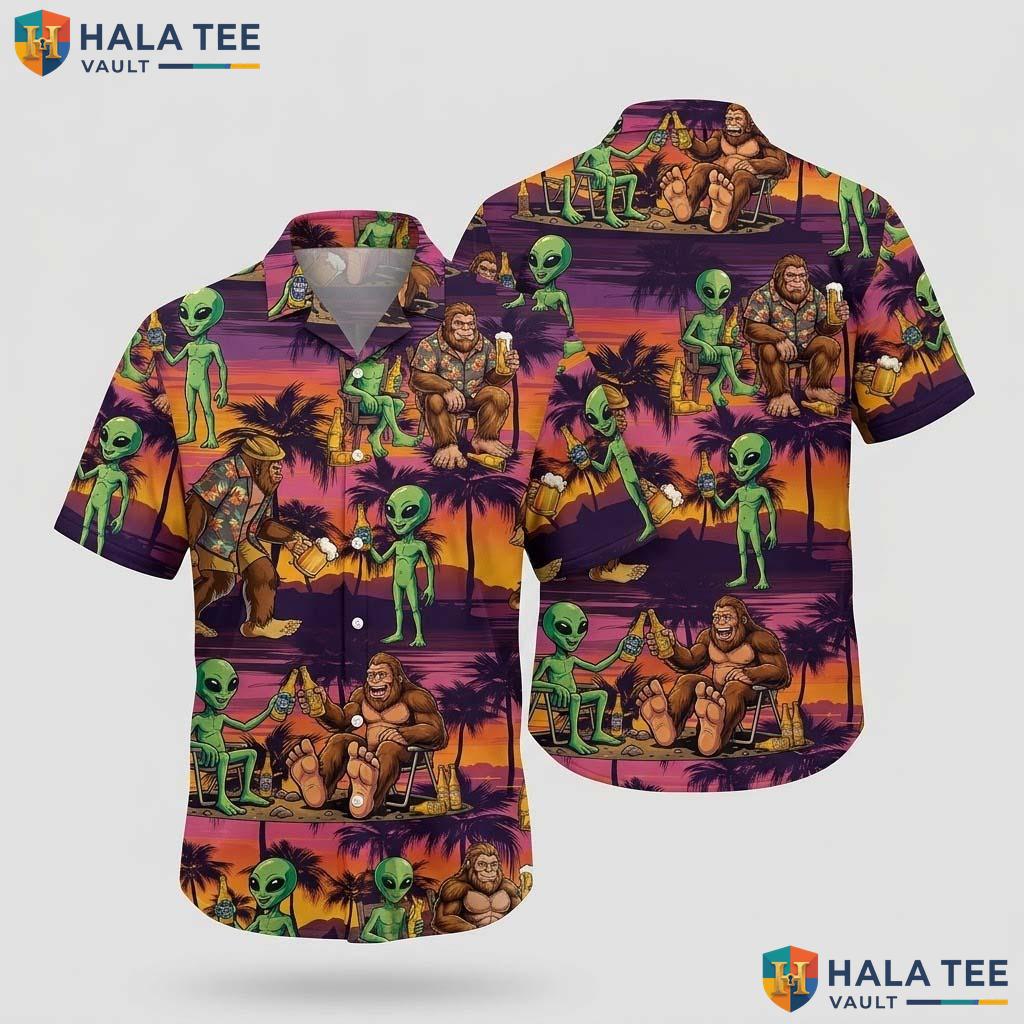 Bigfoot Alien Beer Hawaiian Shirt Farm Life Aloha Button Down Vacation