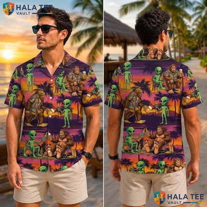 Bigfoot Alien Beer Tropical Shirt Farm Life Aloha Button Down Vacation