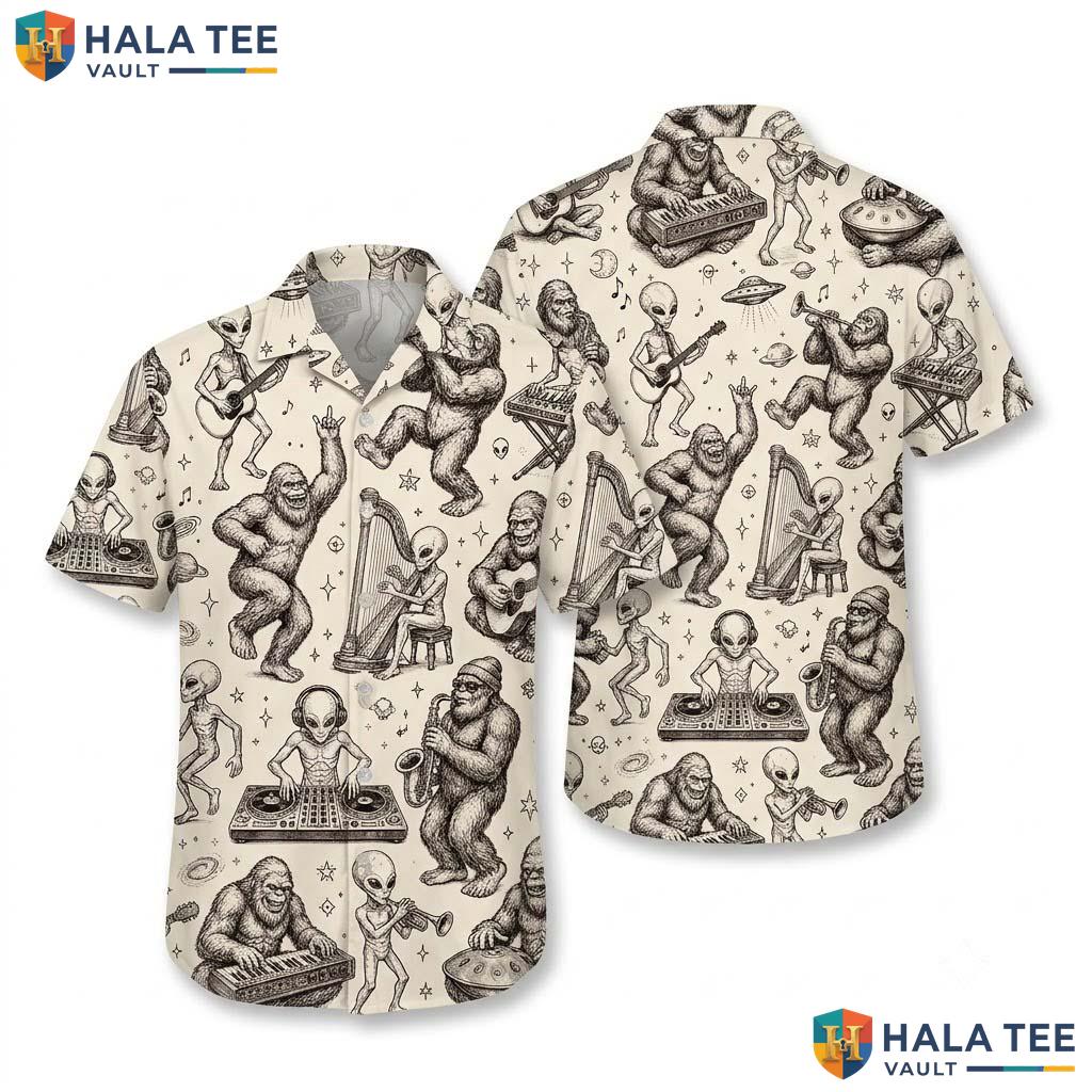 Bigfoot Alien Farm Life Hawaiian Shirt Mens Aloha Button Down Summer