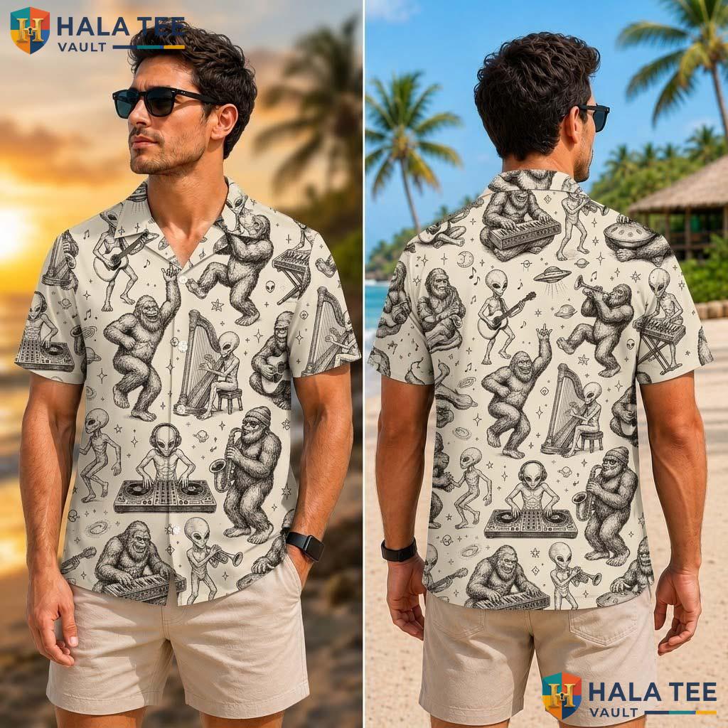 Bigfoot Alien Farm Life Tropical Shirt Mens Aloha Button Down Summer