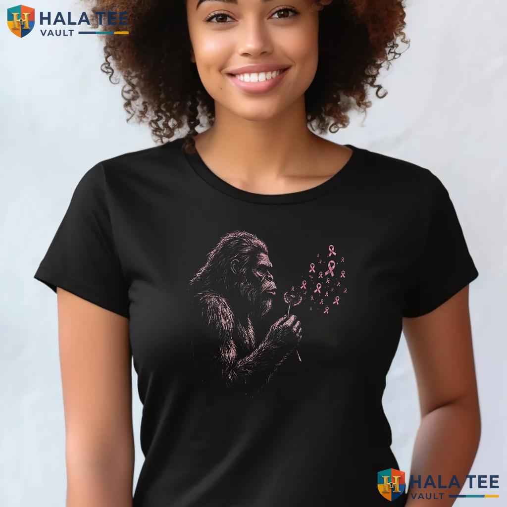 Bigfoot Blowing Dandelion Pink Tee October Breast Cancer Ribbon Top