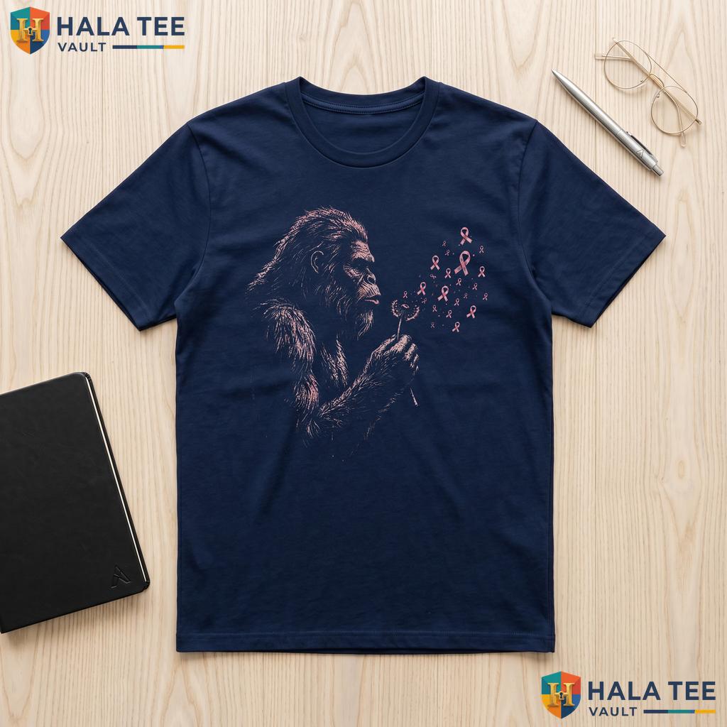 Bigfoot Blowing Dandelion Pink Tee October Breast Cancer Ribbon Top Adult