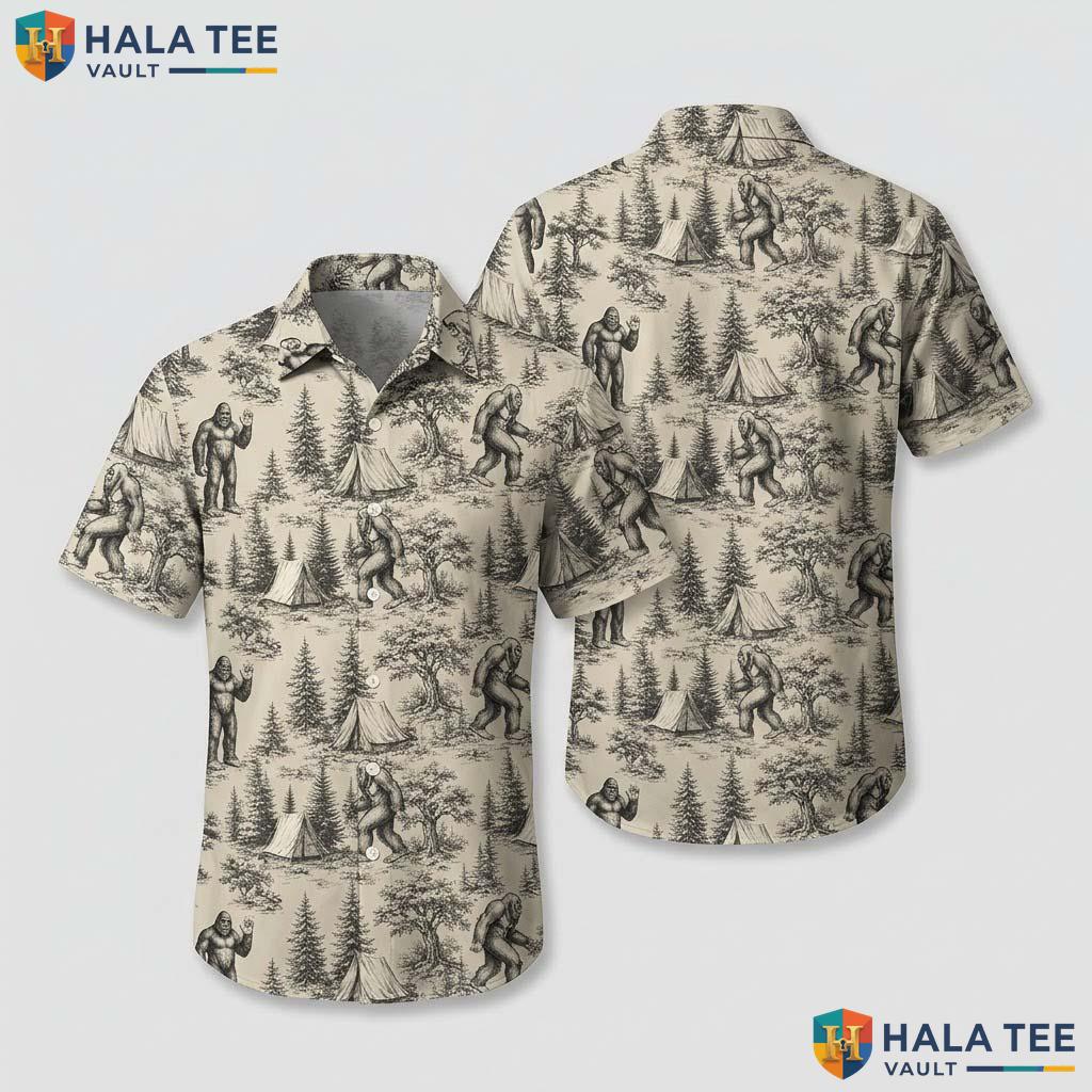 Bigfoot Camping Graphic Hawaiian Shirt Farm Life Aloha Button Down Top