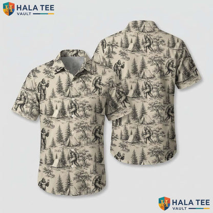 Bigfoot Camping Graphic Hawaiian Shirt Farm Life Aloha Button Down Top