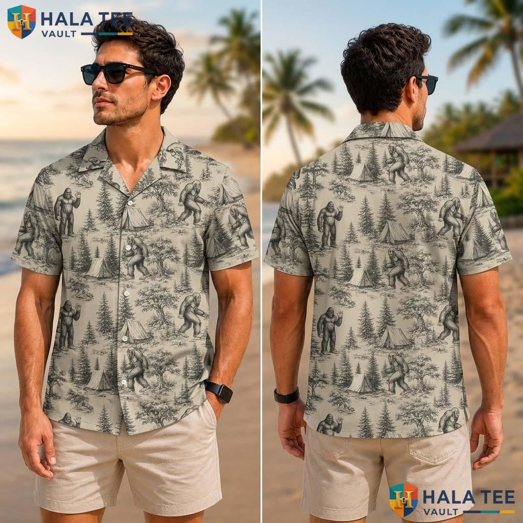 Bigfoot Camping Graphic Tropical Shirt Farm Life Aloha Button Down Top