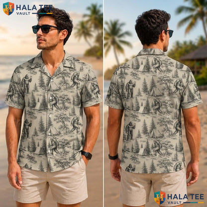 Bigfoot Camping Graphic Tropical Shirt Farm Life Aloha Button Down Top