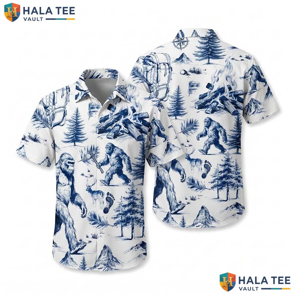 Bigfoot Camping Mens Hawaiian Shirt Short Sleeve Casual Vacation Top