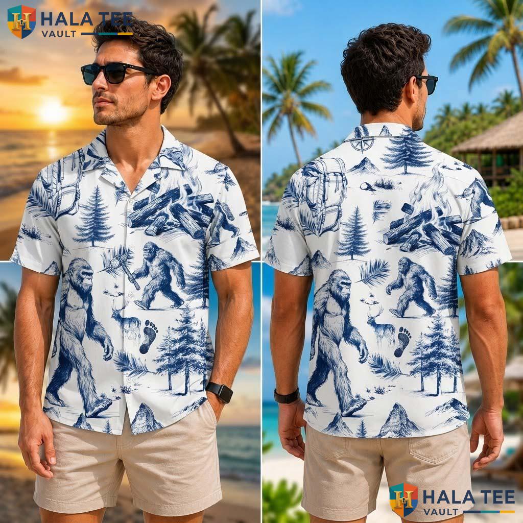 Bigfoot Camping Mens Tropical Shirt Short Sleeve Casual Vacation Top