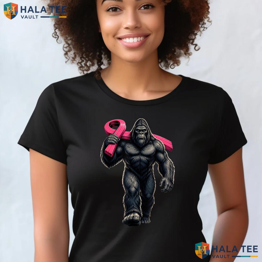 Bigfoot Carrying Pink Ribbon TShirt Breast Cancer Awareness Mens Top