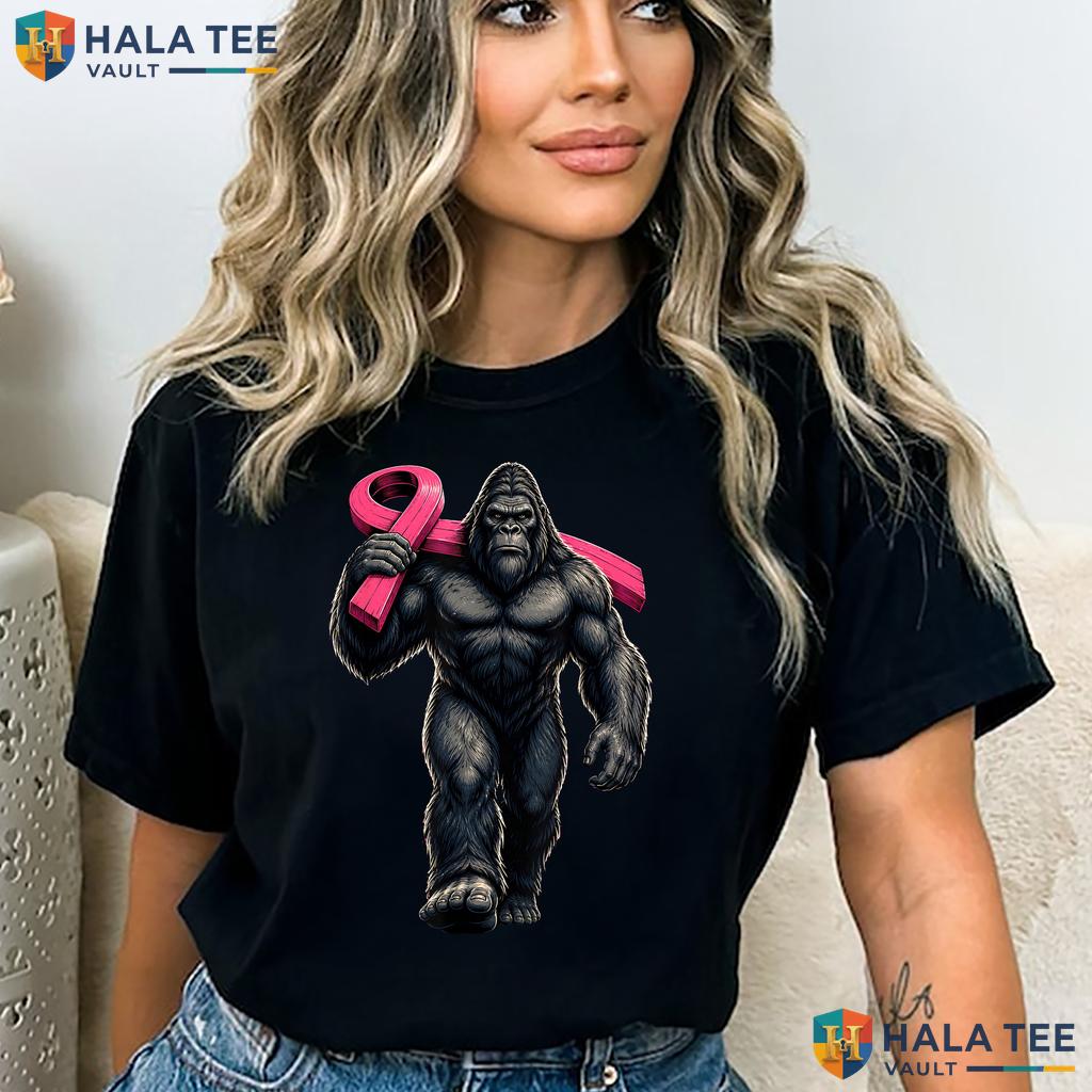 Bigfoot Carrying Pink Ribbon TShirt Breast Cancer Awareness Mens Top Adult