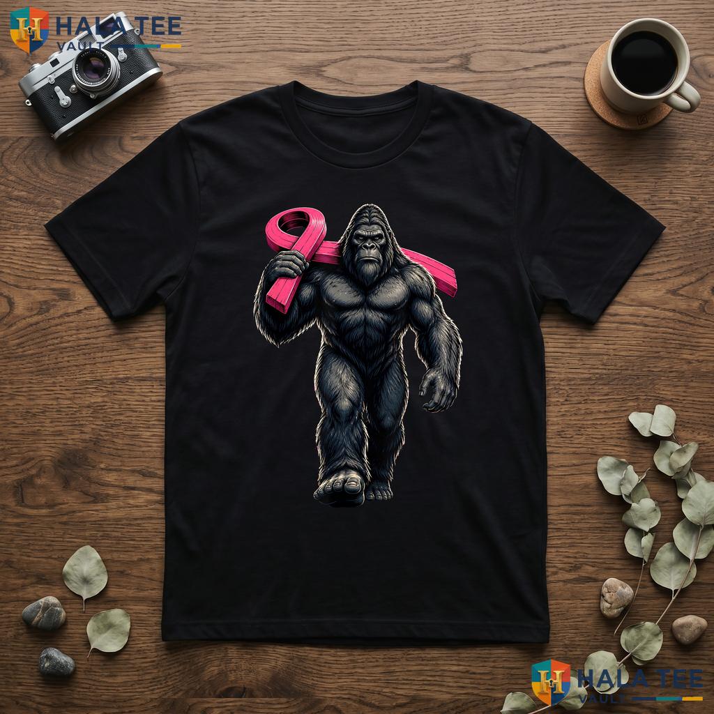 Bigfoot Carrying Pink Ribbon TShirt Breast Cancer Awareness Mens Top Adult