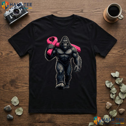 Bigfoot Carrying Pink Ribbon TShirt Breast Cancer Awareness Mens Top Adult