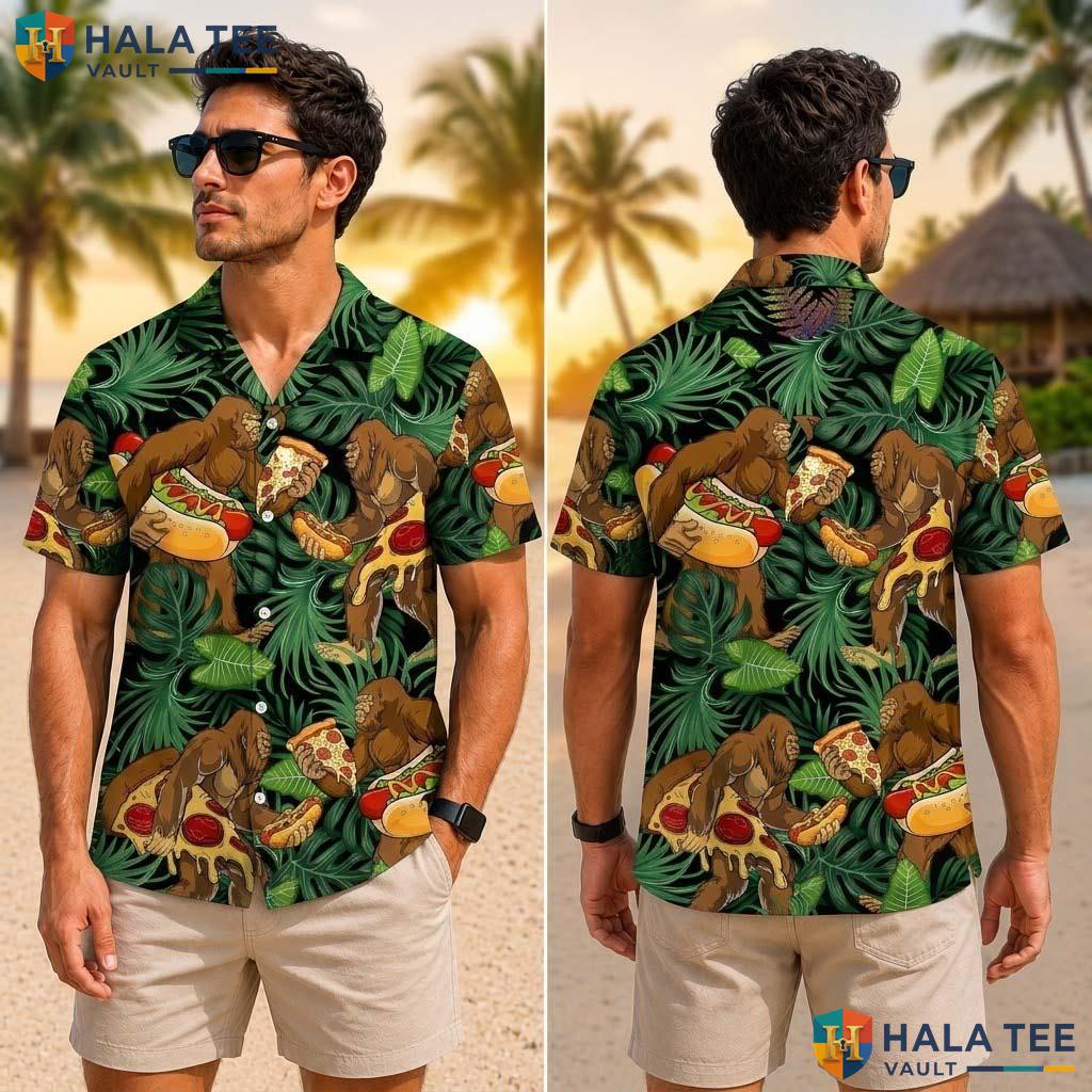 Bigfoot Food Graphic Tropical Shirt Farm Life Aloha Button Down Summer