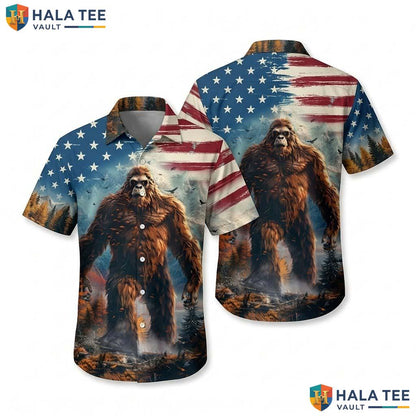 Bigfoot Graphic Aloha Shirt Mens Tropical Patriotic Design Button Down Top