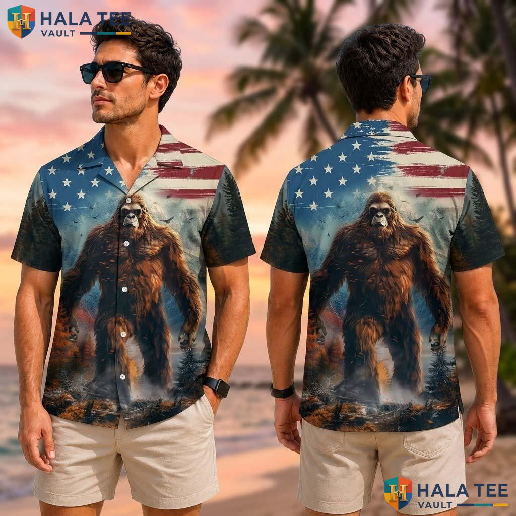 Bigfoot Graphic Tropical Shirt Mens Tropical Patriotic Design Button Down Top