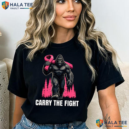 Bigfoot Pink Ribbon Cancer T-Shirt Carry The Fight Breast Awareness Adult