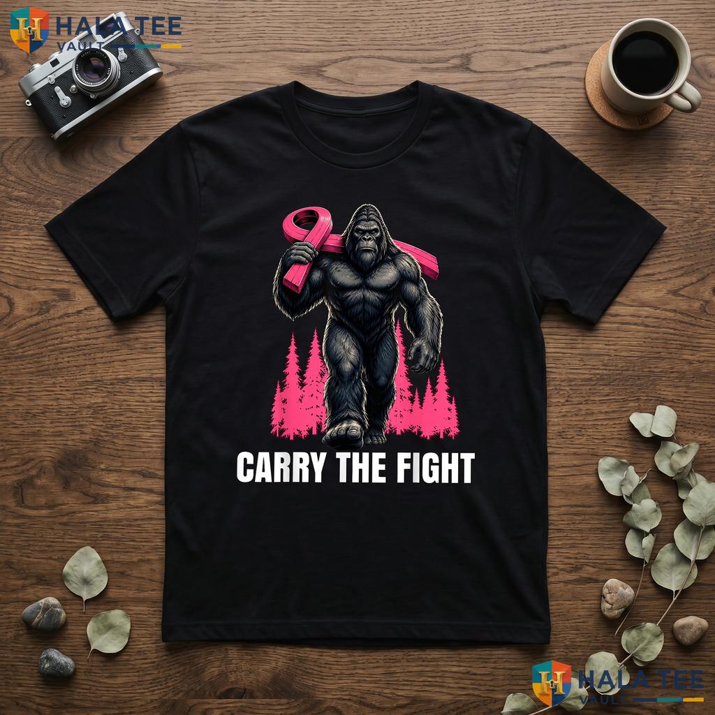 Bigfoot Pink Ribbon Cancer T-Shirt Carry The Fight Breast Awareness Adult