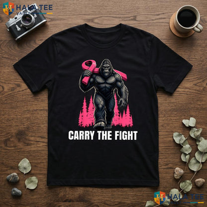 Bigfoot Pink Ribbon Cancer T-Shirt Carry The Fight Breast Awareness Adult