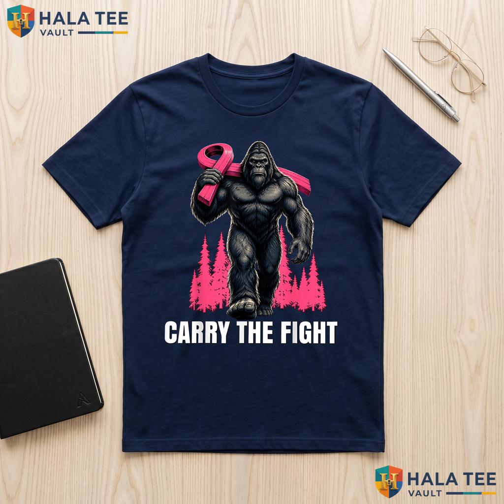 Bigfoot Pink Ribbon Cancer T-Shirt Carry The Fight Breast Awareness Adult