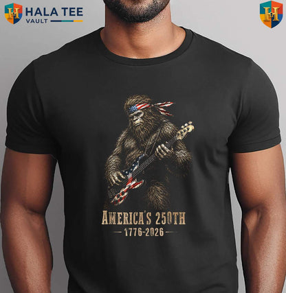 Bigfoot Playing Guitar Patriotic Shirt 250 Years America Fourth July Top