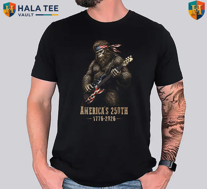 Bigfoot Playing Guitar Patriotic Tee Shirt 250 Years America Fourth July Top