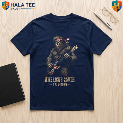 Bigfoot Playing Guitar Patriotic TShirt 250 Years America Fourth July Top