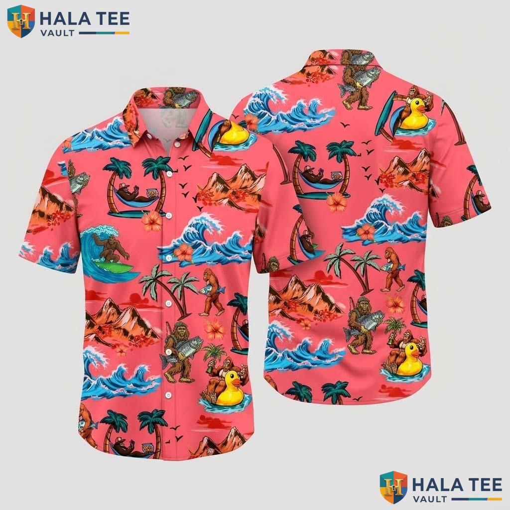 Bigfoot Rubber Duck Hawaiian Shirt Vibrant Tropical Palm Mountain Button Up