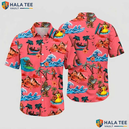 Bigfoot Rubber Duck Hawaiian Shirt Vibrant Tropical Palm Mountain Button Up