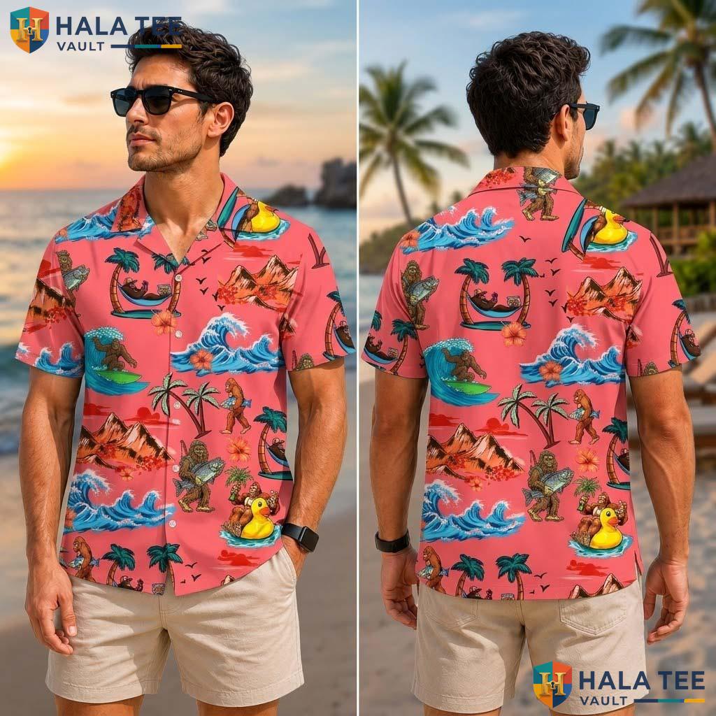 Bigfoot Rubber Duck Tropical Shirt Vibrant Tropical Palm Mountain Button Up