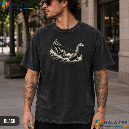 Bigfoot Water Skiing Nessie Washed T-Shirt Funny Cryptid Humor Apparel