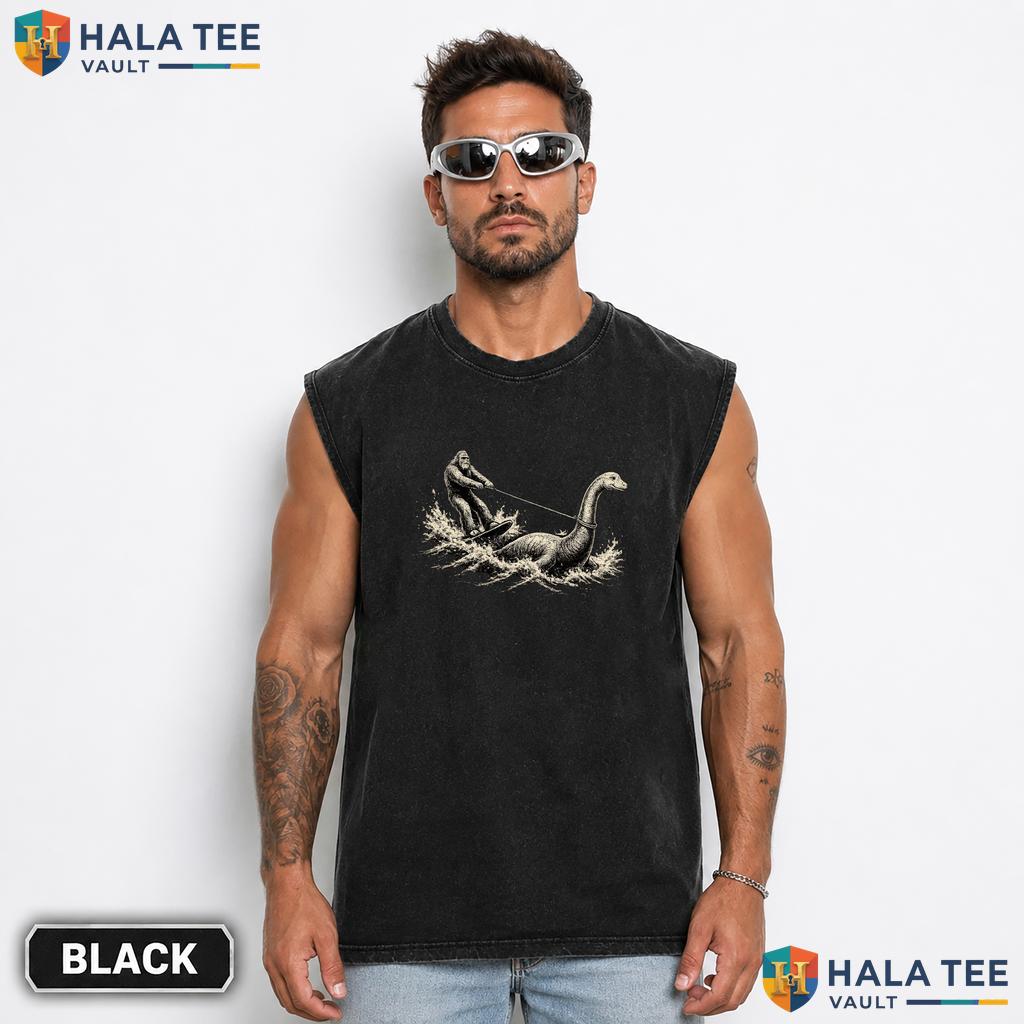 Bigfoot Water Skiing Nessie Washed T-Shirt Funny Cryptid Humor Apparel Vintage Wash Shirt
