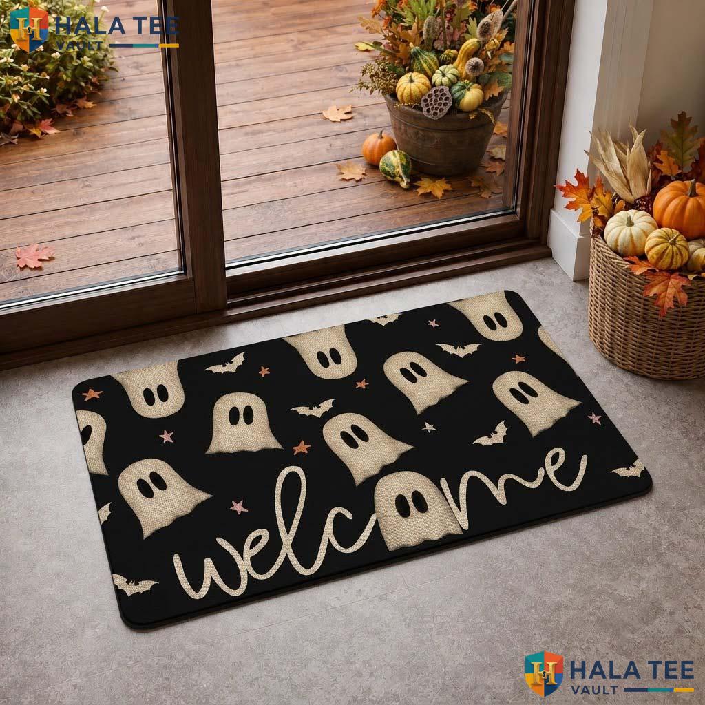 Black Bat Halloween Doormat Funny Ghost Welcome Entryway Decor Spooky Rug