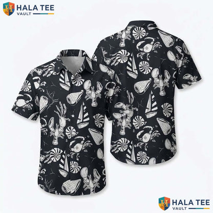 Black Beach Graphic Hawaiian Shirt Mens Short Sleeve Aloha Button Down