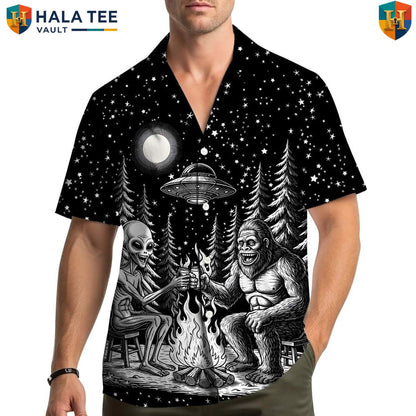 Black Bigfoot Hawaiian Shirt Mens Short Sleeve Button Down Casual Beachwear