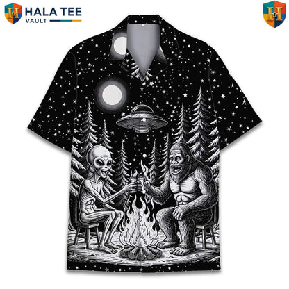 Black Bigfoot Tropical Shirt Mens Short Sleeve Button Down Casual Beachwear