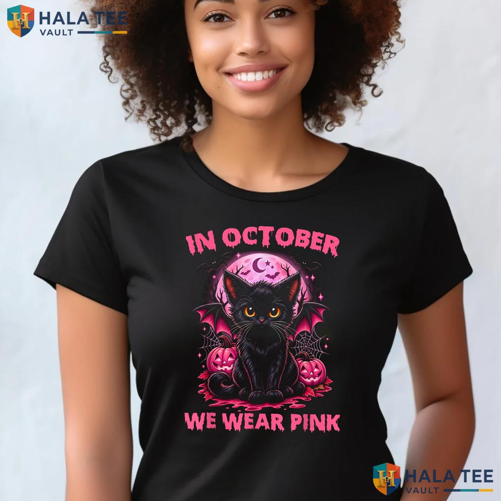 Black Cat Breast Cancer T-Shirt October We Wear Pink Graphic Outfit