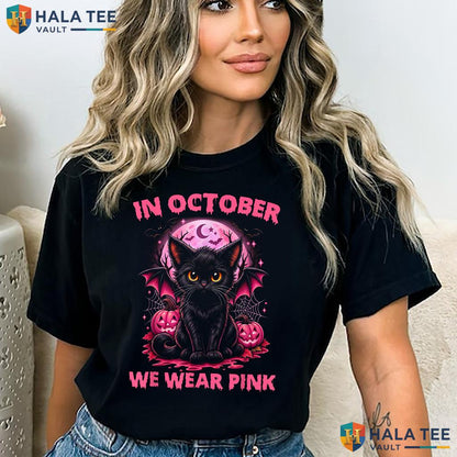 Black Cat Breast Cancer T-Shirt October We Wear Pink Graphic Outfit Adult