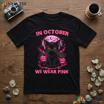 Black Cat Breast Cancer T-Shirt October We Wear Pink Graphic Outfit Adult