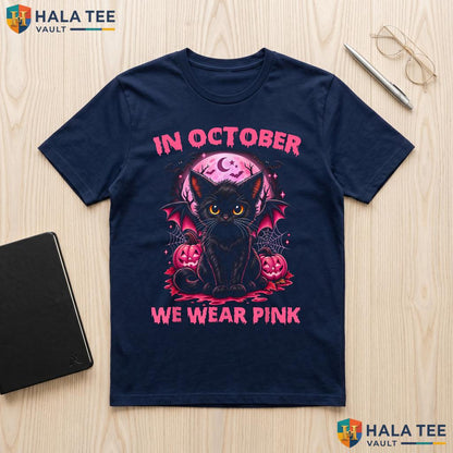 Black Cat Breast Cancer T-Shirt October We Wear Pink Graphic Outfit Adult