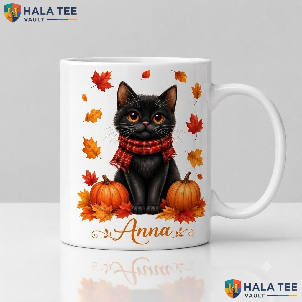 Black Cat Fall Ghost Ceramic Mug Custom Autumn Thanksgiving Coffee Cup