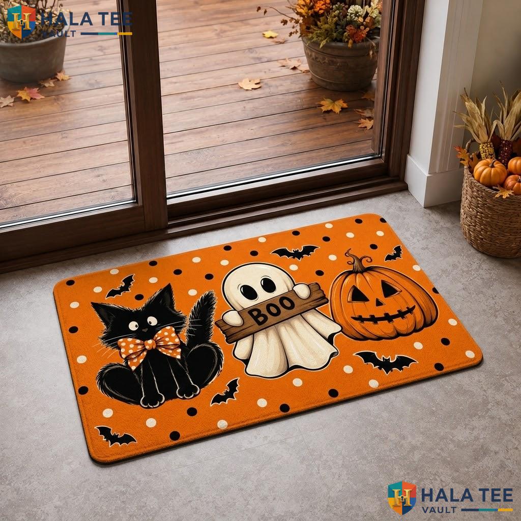 Black Cat Ghost Halloween Doormat Orange Jack O Lantern Indoor Floor Rug