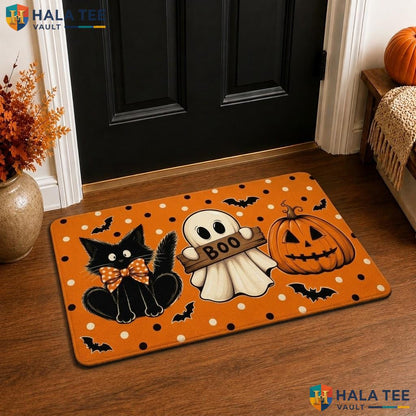 Black Cat Ghost Halloween Front door mat Orange Jack O Lantern Indoor Floor Rug