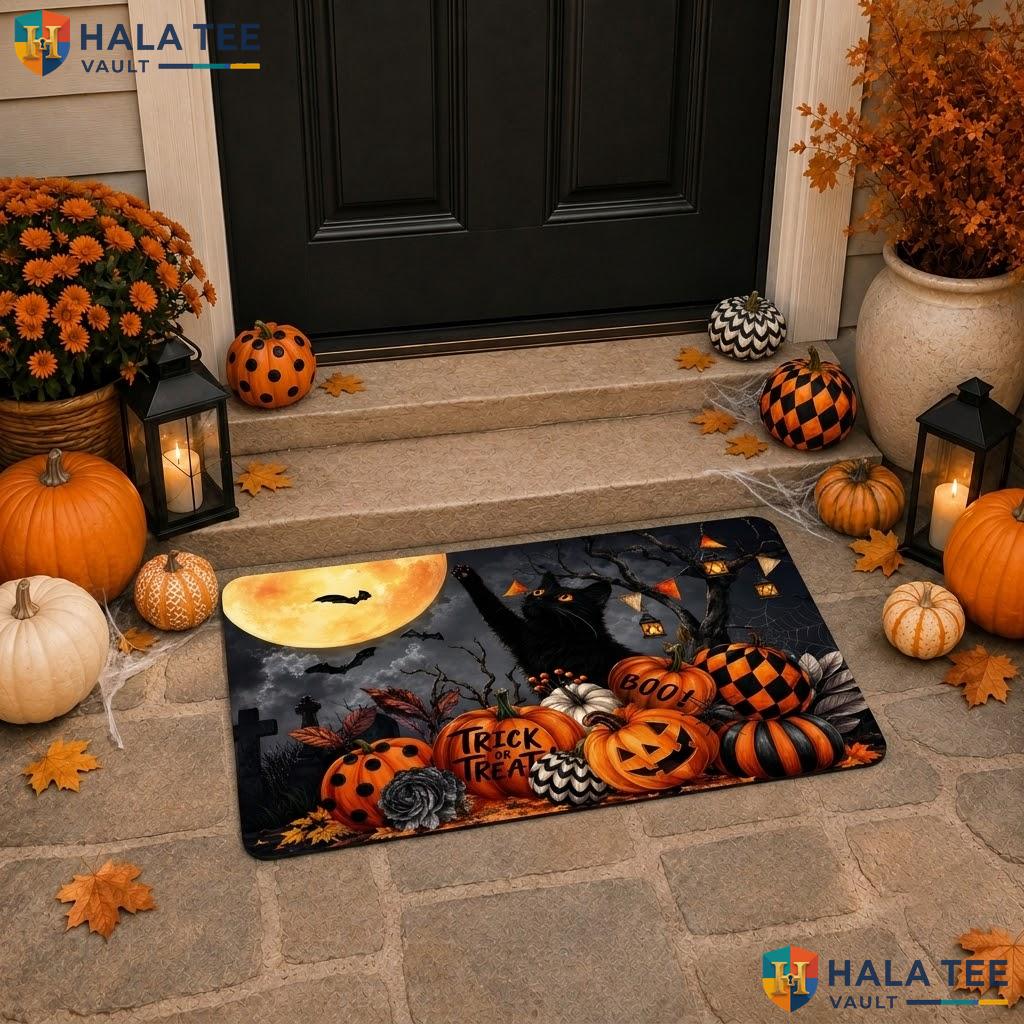 Black Cat Halloween Doormat Trick Or Treat Front Porch Welcome Floor Rug