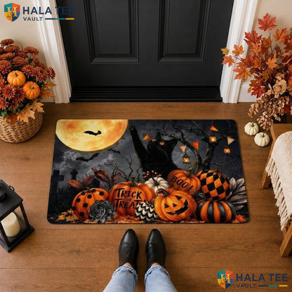 Black Cat Halloween Front door mat Trick Or Treat Front Porch Welcome Floor Rug