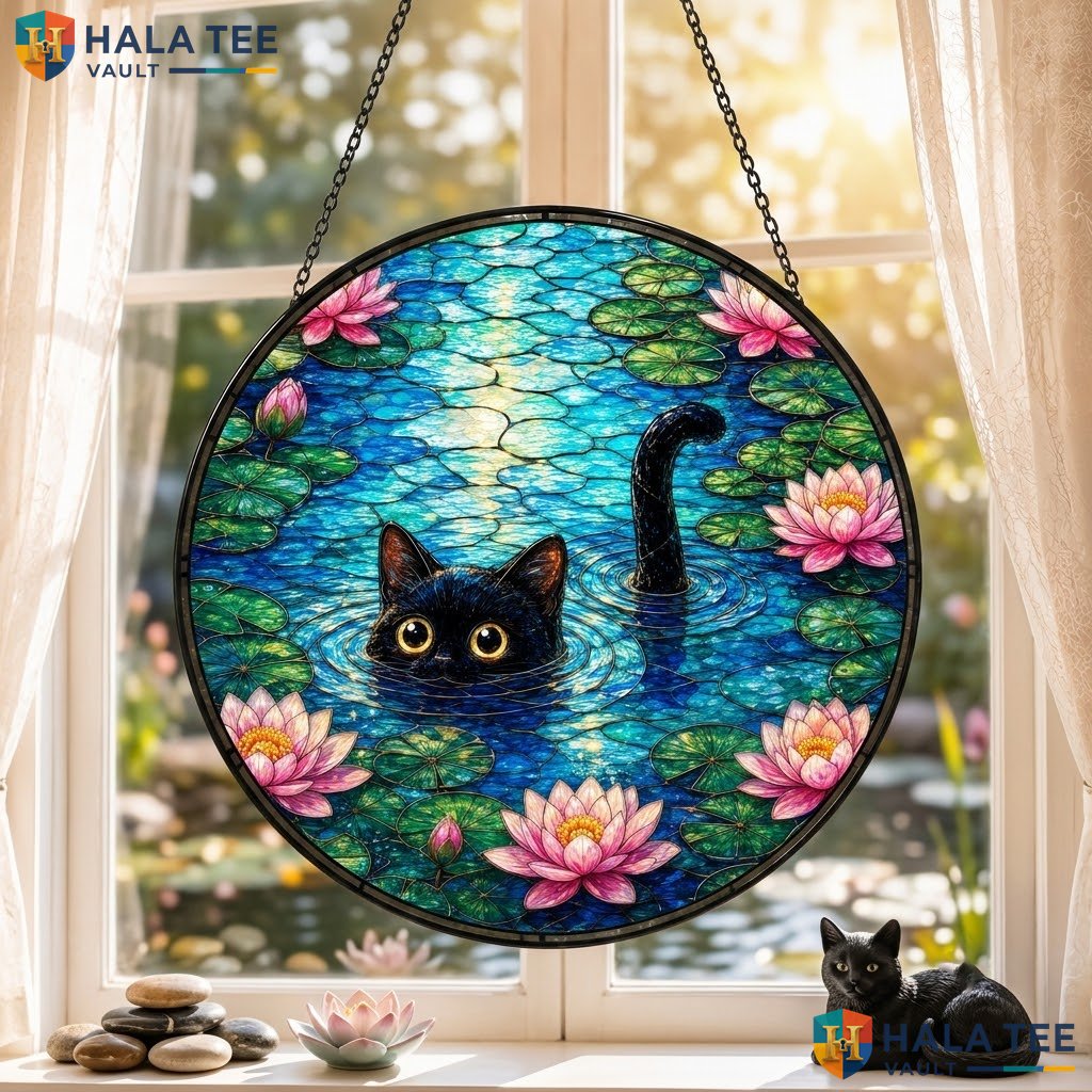 Black Cat Pond Halloween Stained Glass Suncatcher Whimsical Spooky Window Art
