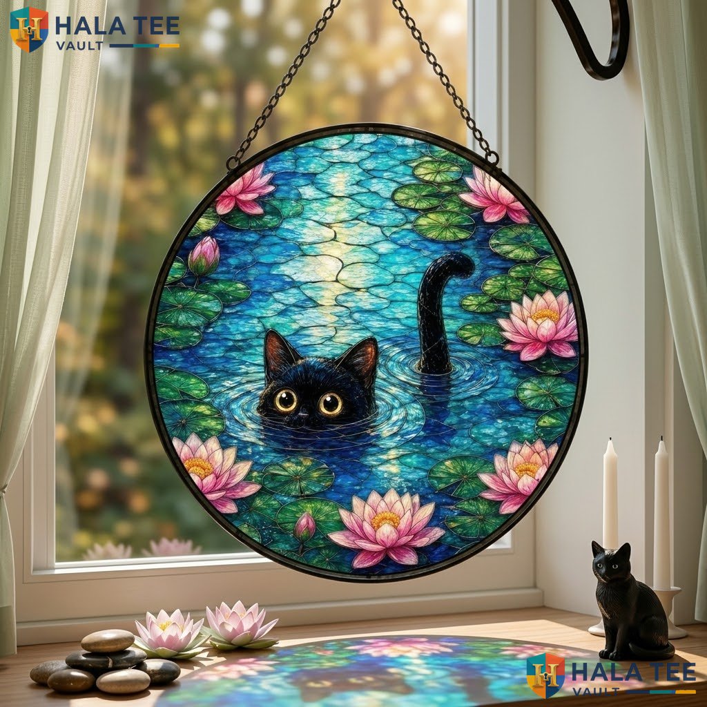 Black Cat Pond Halloween Stained Glass Suncatcher Whimsical Spooky Window Art Adult