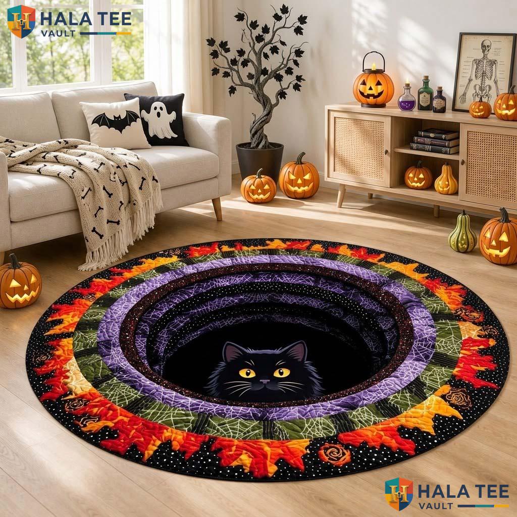 Black Cat Portal Halloween Round Area Rug 3D Black Witchy Gothic Illusion